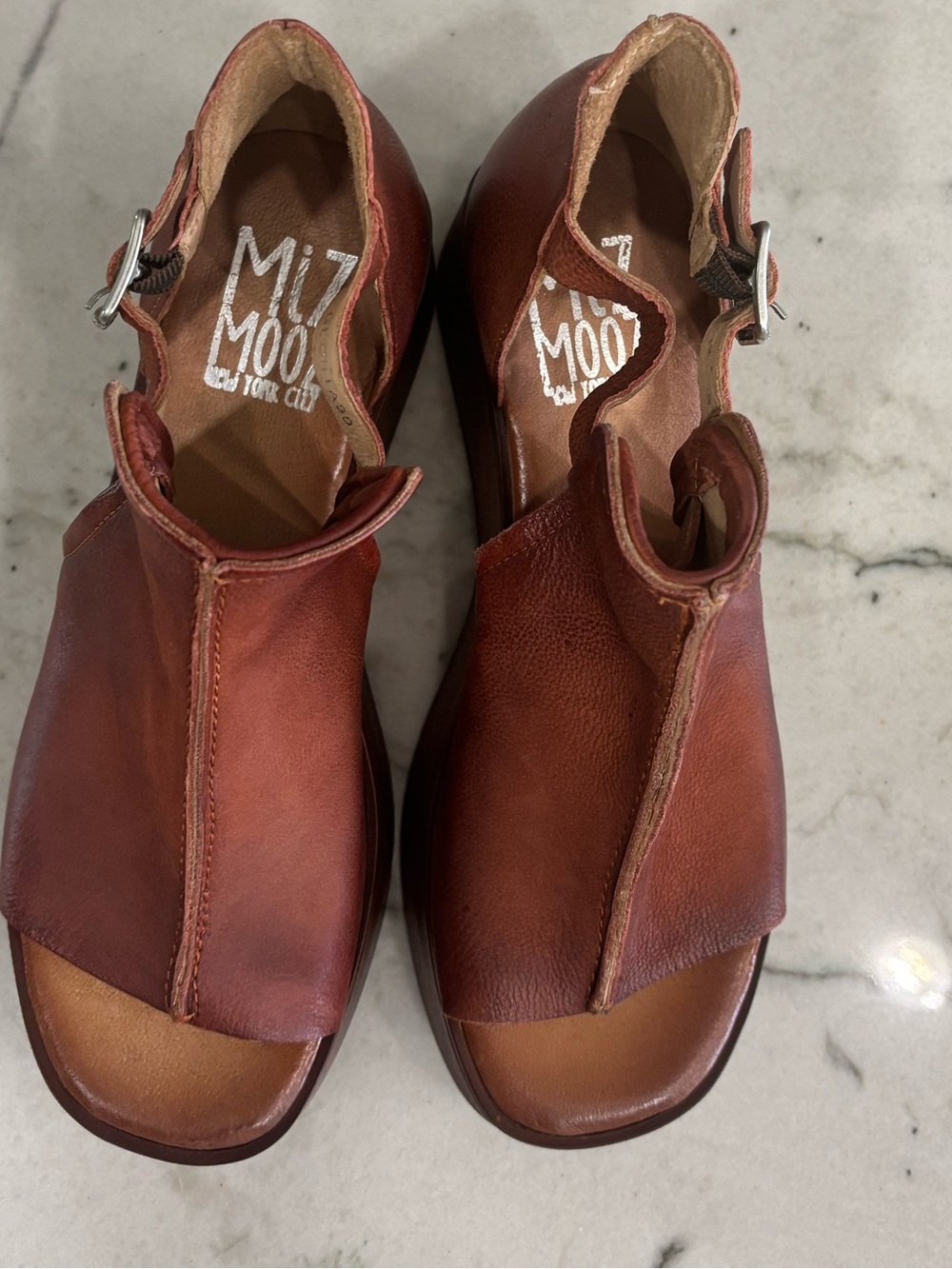 Miz Mooz Rust Brown Leather Wedge Sandals - Picture 3 of 8
